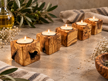 Wooden Cubic Candle Holders, Elegant Olive Wood Tealight Holders, Single - Double - Triple