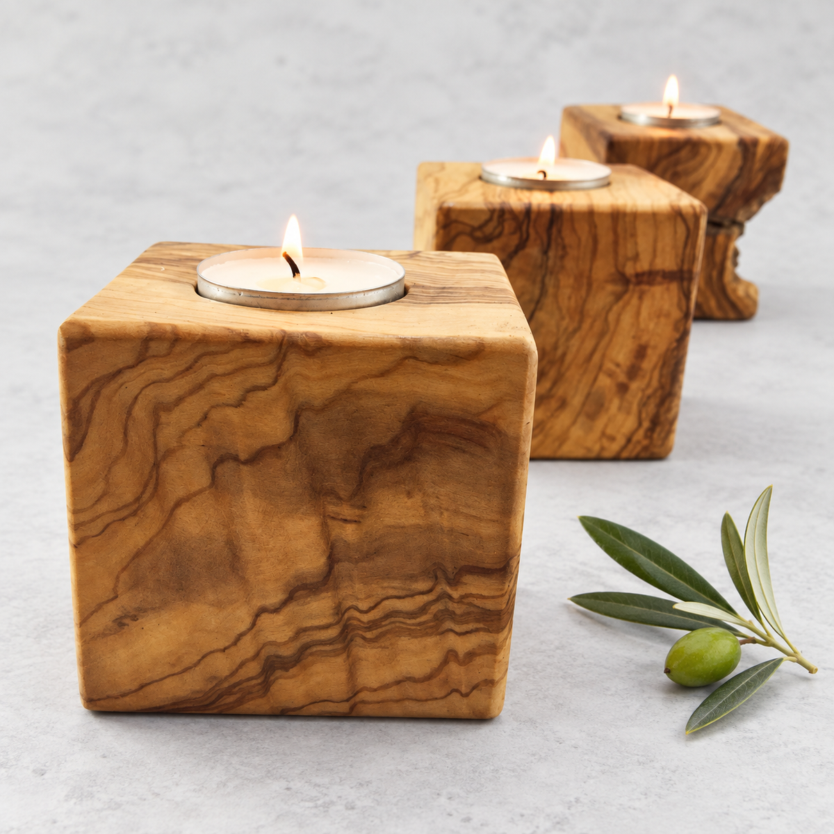 Wooden Cubic Candle Holders, Elegant Olive Wood Tealight Holders, Single - Double - Triple