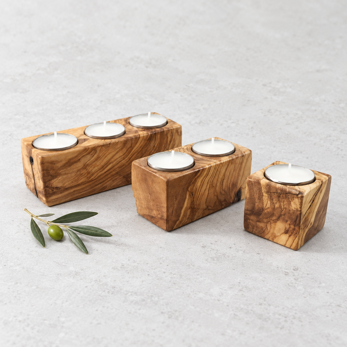 Wooden Cubic Candle Holders, Elegant Olive Wood Tealight Holders, Single - Double - Triple