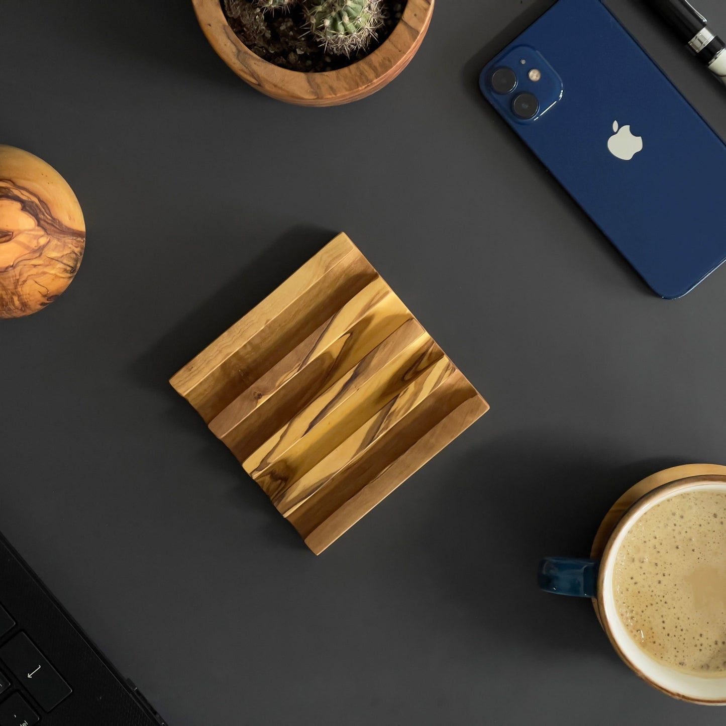 Handmade Olive Wood Desktop Organizers - Office Desk Supplies - Wooden Desk Accessories, Pen-Paperclip-Note-Business Card Holder, Phone-Tablet Stand