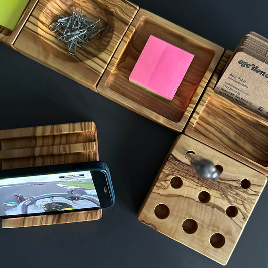 Handmade Olive Wood Desktop Organizers - Office Desk Supplies - Wooden Desk Accessories, Pen-Paperclip-Note-Business Card Holder, Phone-Tablet Stand