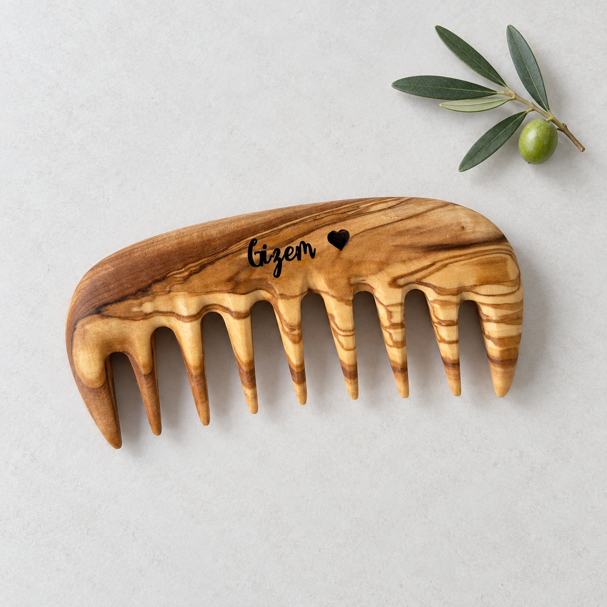 Personalizable Olive Wood Wide-Tooth Comb – Handmade, Natural Wood Hair Comb