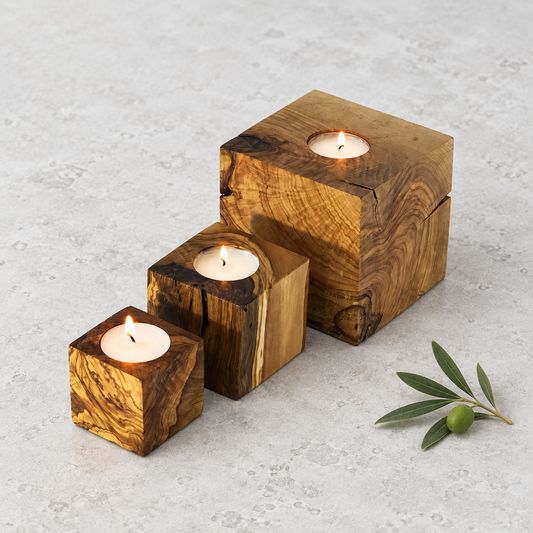 Wooden Cubic Candle Holders, Elegant Olive Wood Tealight Holders, Single - Double - Triple
