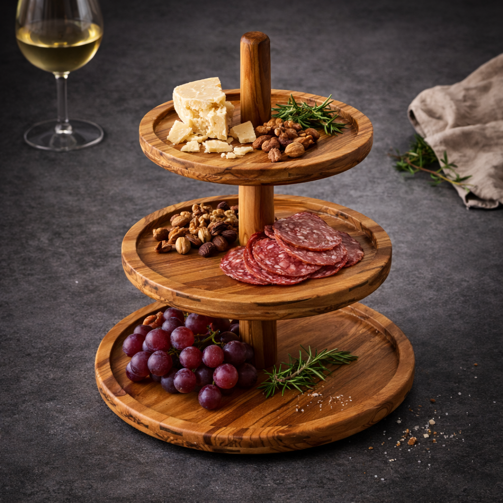 Handmade 3-Tier Olive Wood Serving Stand | Modular Dessert Tower, Cupcake & Snack Display | Natural Olive Wood Tray | Removable Shelves | Rustic Home & Wedding Decor