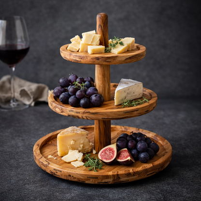 Handmade 3-Tier Olive Wood Serving Stand | Modular Dessert Tower, Cupcake & Snack Display | Natural Olive Wood Tray | Removable Shelves | Rustic Home & Wedding Decor