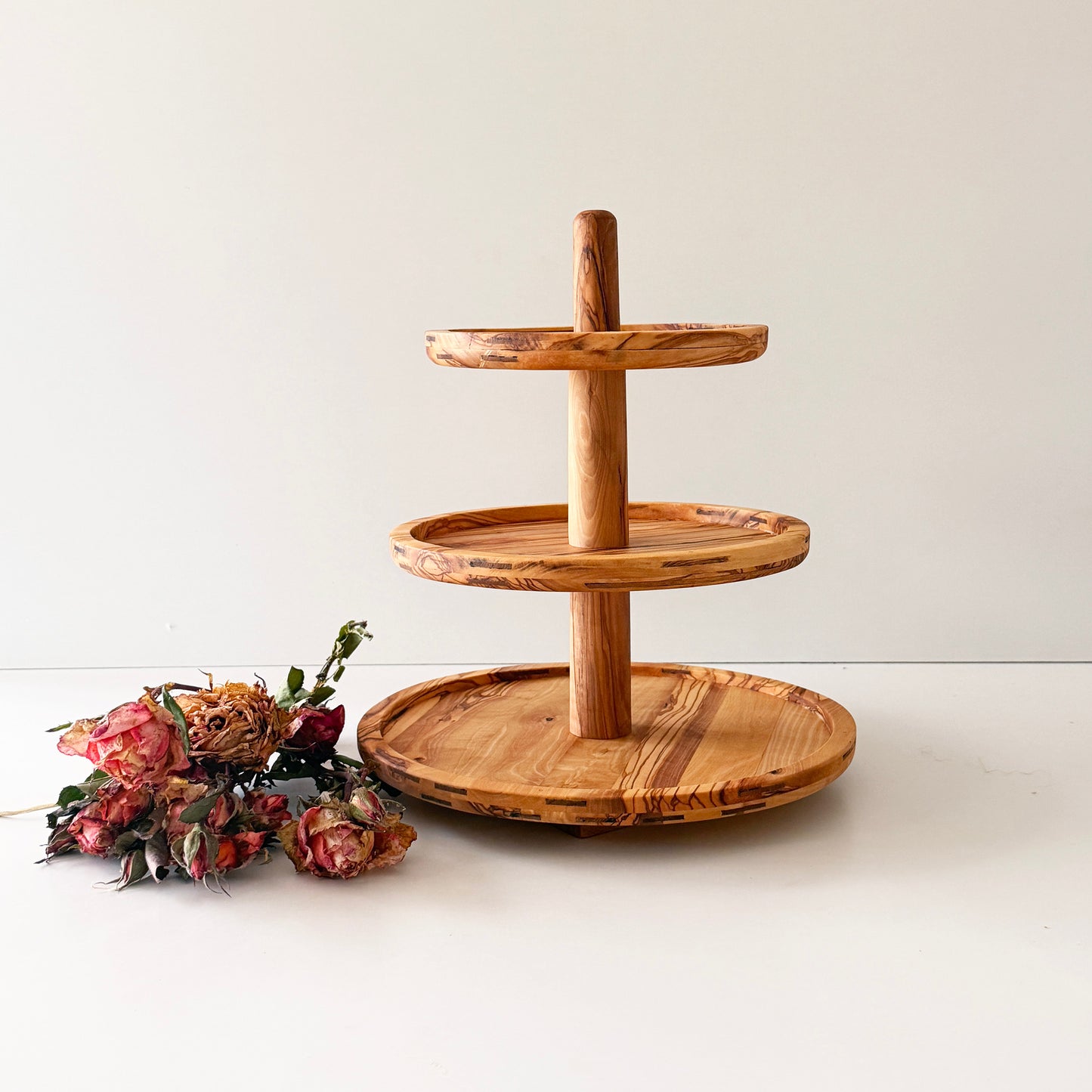 Handmade 3-Tier Olive Wood Serving Stand | Modular Dessert Tower, Cupcake & Snack Display | Natural Olive Wood Tray | Removable Shelves | Rustic Home & Wedding Decor
