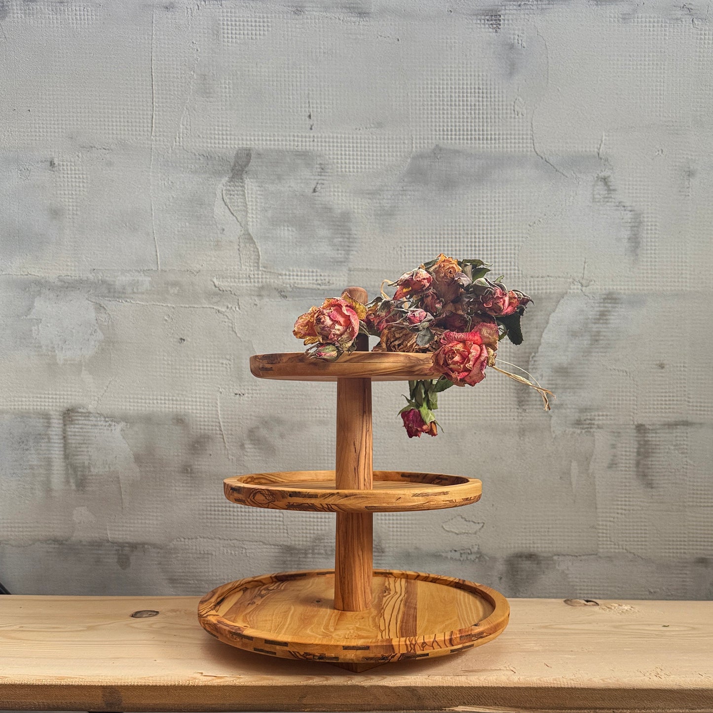 Handmade 3-Tier Olive Wood Serving Stand | Modular Dessert Tower, Cupcake & Snack Display | Natural Olive Wood Tray | Removable Shelves | Rustic Home & Wedding Decor