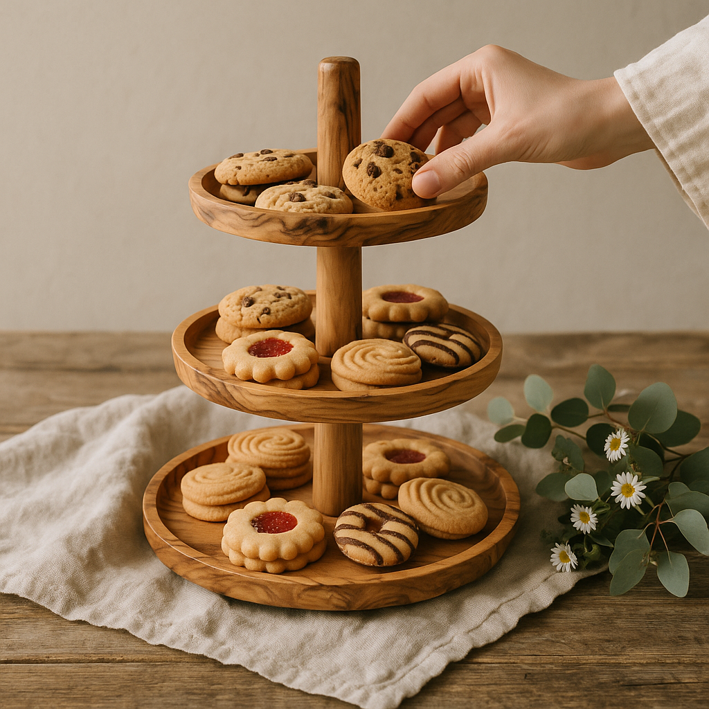 Handmade 3-Tier Olive Wood Serving Stand | Modular Dessert Tower, Cupcake & Snack Display | Natural Olive Wood Tray | Removable Shelves | Rustic Home & Wedding Decor