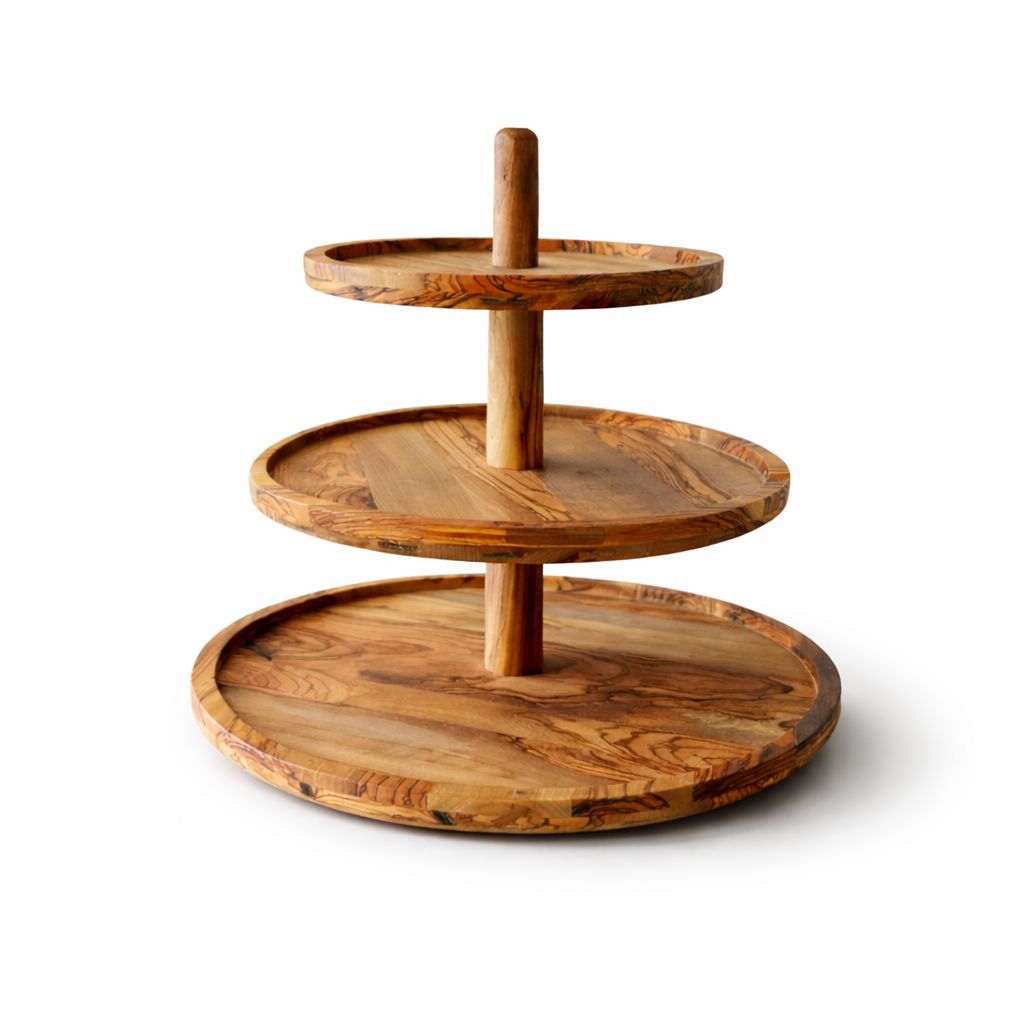 Handmade 3-Tier Olive Wood Serving Stand | Modular Dessert Tower, Cupcake & Snack Display | Natural Olive Wood Tray | Removable Shelves | Rustic Home & Wedding Decor