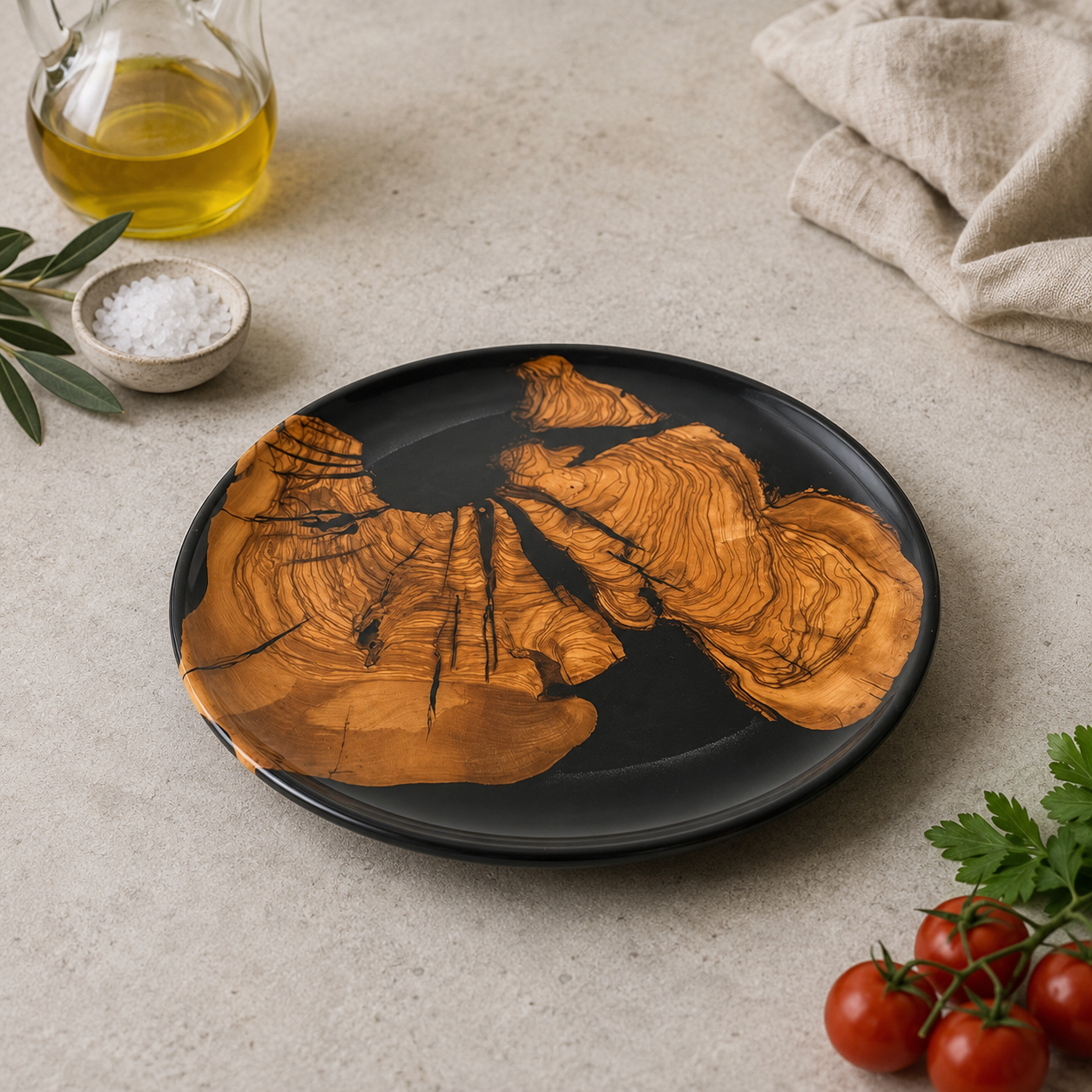 Zeus Olive Wood & Epoxy Decorative Serving Plate – Handcrafted Wooden Platter – Modern Rustic Table Decor – Unique Housewarming Gift
