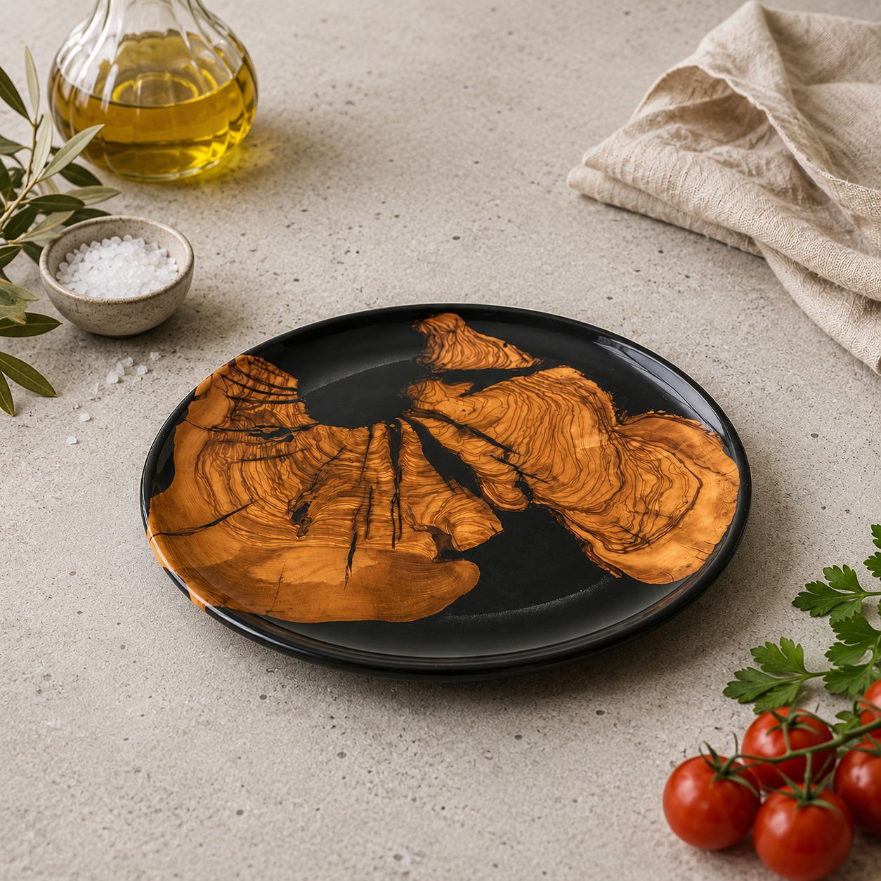 Zeus Olive Wood & Epoxy Decorative Serving Plate – Handcrafted Wooden Platter – Modern Rustic Table Decor – Unique Housewarming Gift