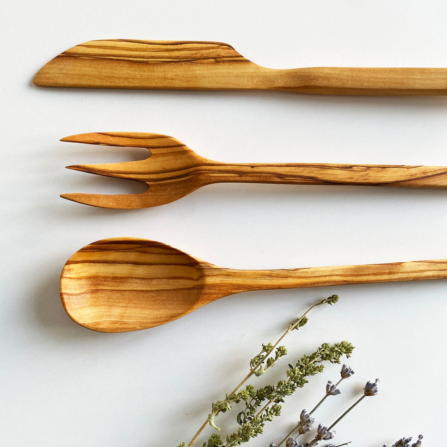 Elegant Olive Wood Spoon, Fork and Knife Set, Wooden Cutlery Set