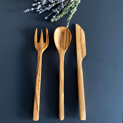 Elegant Olive Wood Spoon, Fork and Knife Set, Wooden Cutlery Set