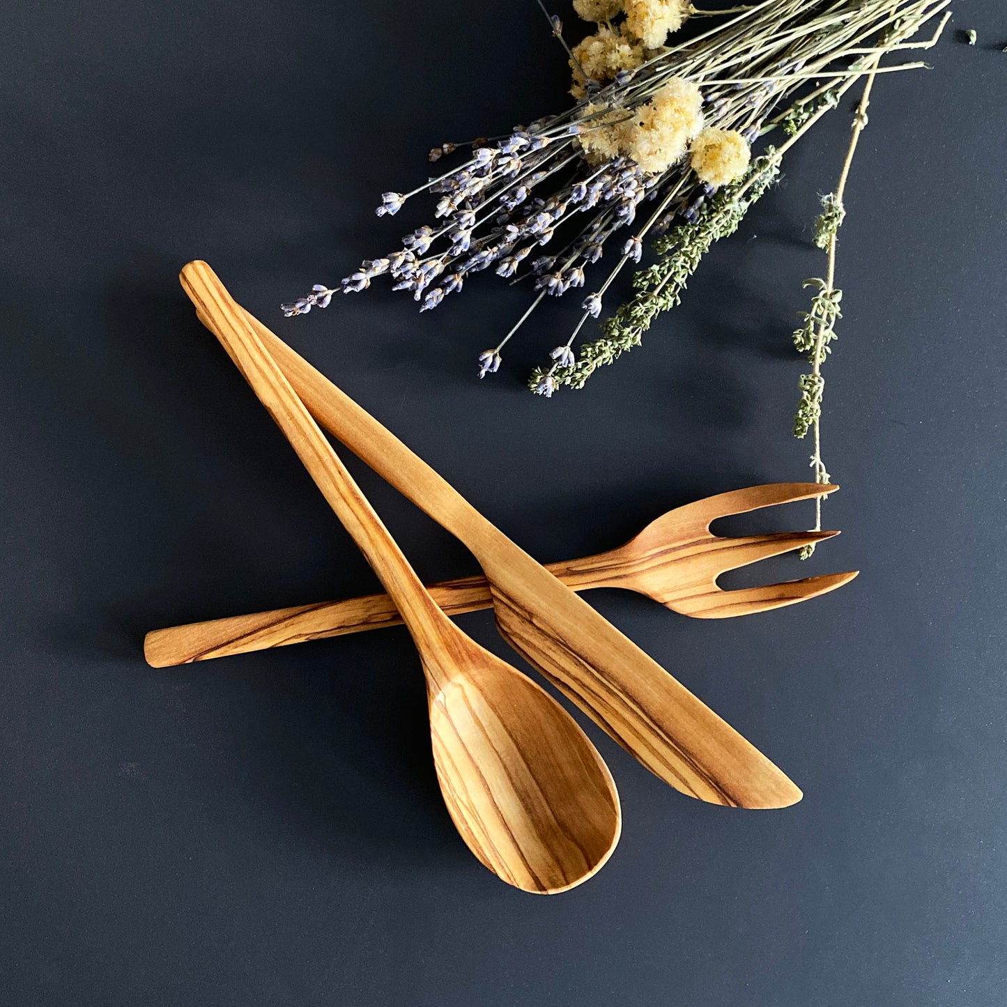 Elegant Olive Wood Spoon, Fork and Knife Set, Wooden Cutlery Set