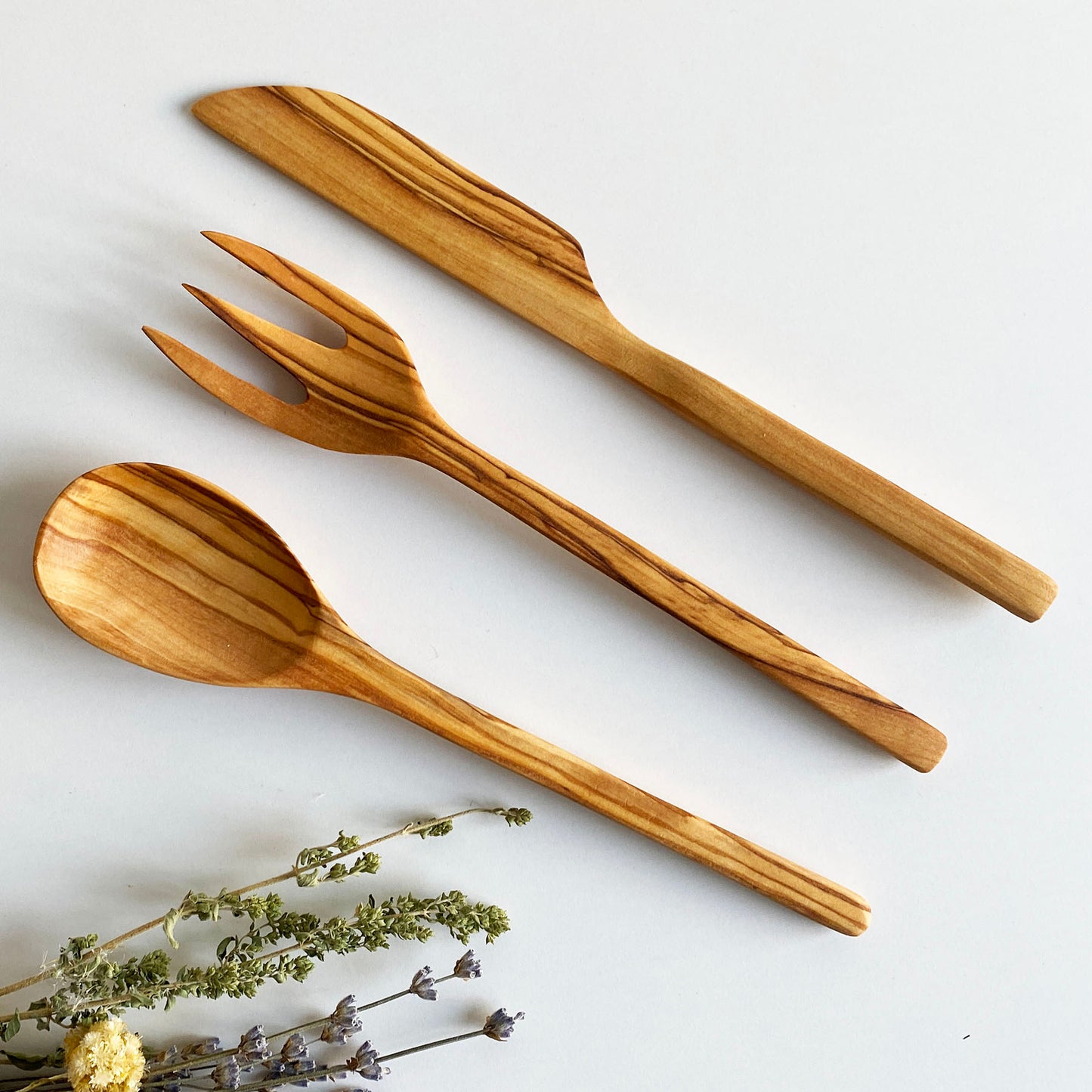 Elegant Olive Wood Spoon, Fork and Knife Set, Wooden Cutlery Set