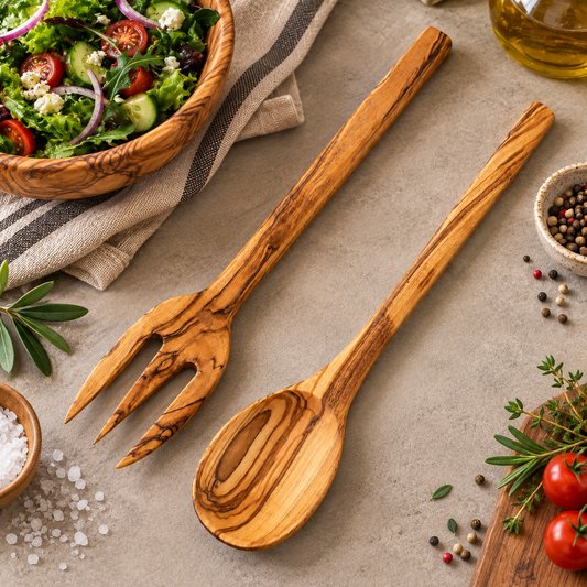 Stylish Olive Wood Serving Set, Wooden Salad Spoon and Fork
