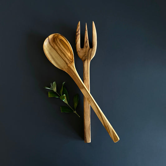 Stylish Olive Wood Serving Set, Wooden Salad Spoon and Fork