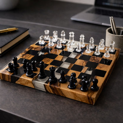 Handcrafted Olive Wood Chess Set with Black Epoxy Resin | Luxury Wooden Chess Board | Modern Home Decor | Gift for Him | Personalized Chess Set