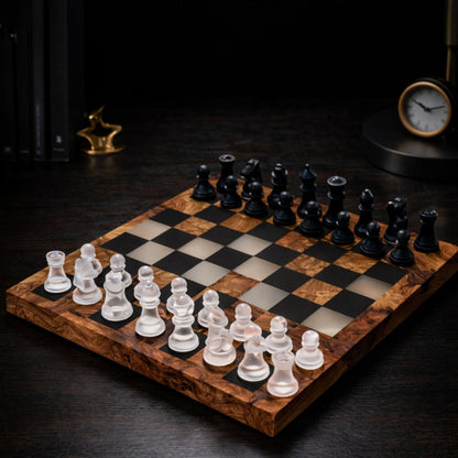 Handcrafted Olive Wood Chess Set with Black Epoxy Resin | Luxury Wooden Chess Board | Modern Home Decor | Gift for Him | Personalized Chess Set