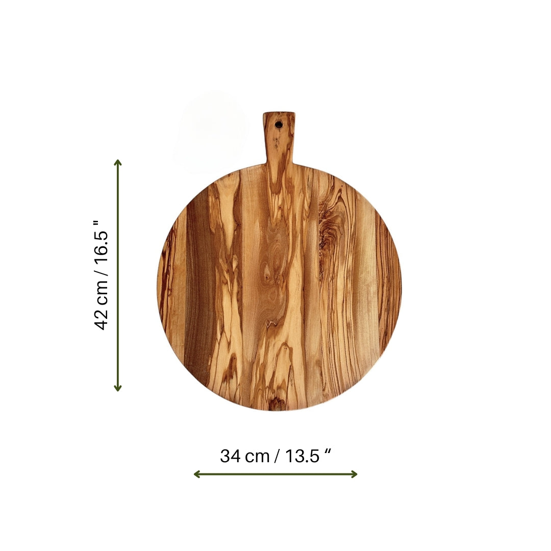 Olive Wood Round Cheese And Pizza Board With Handle | Afrodit Cheese And Pizza Board