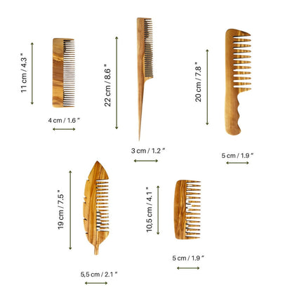 Olive Wood Beauty Comb Set of 5, Wooden Wide Tine Combs, Wooden Close Tine Combs, Authentic Comb Set
