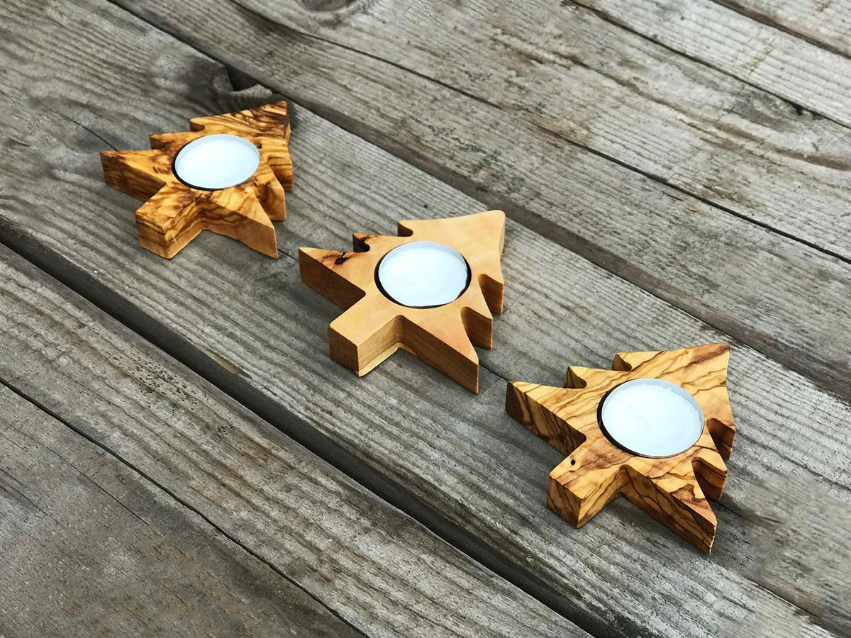 Olive Wood Tealight Holder Set, Christmas Tree Shape