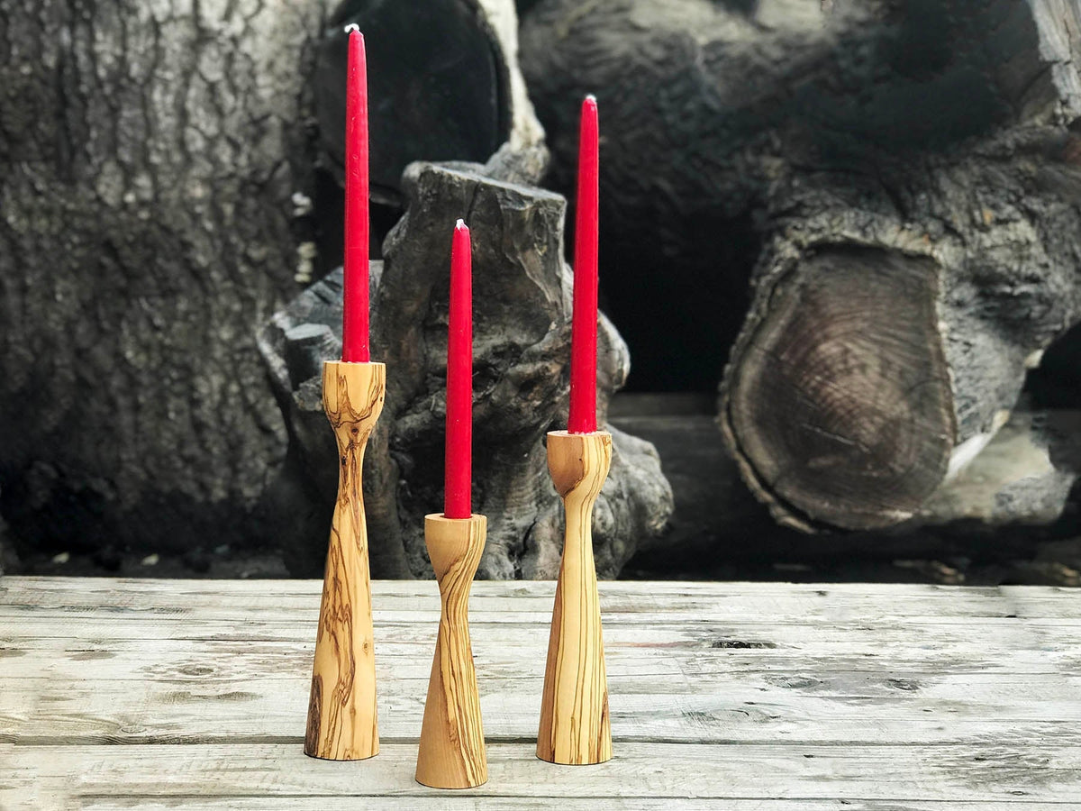 Handmade Olive Wood Candlestick Set | Wooden Holiday Decor