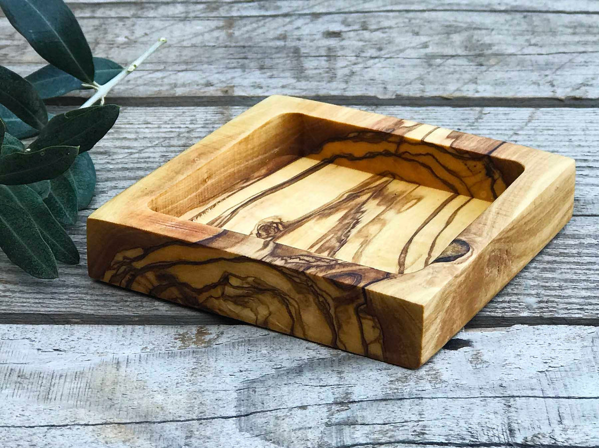 Olive Wood Square Snack Dishes, Wooden Serving Tray