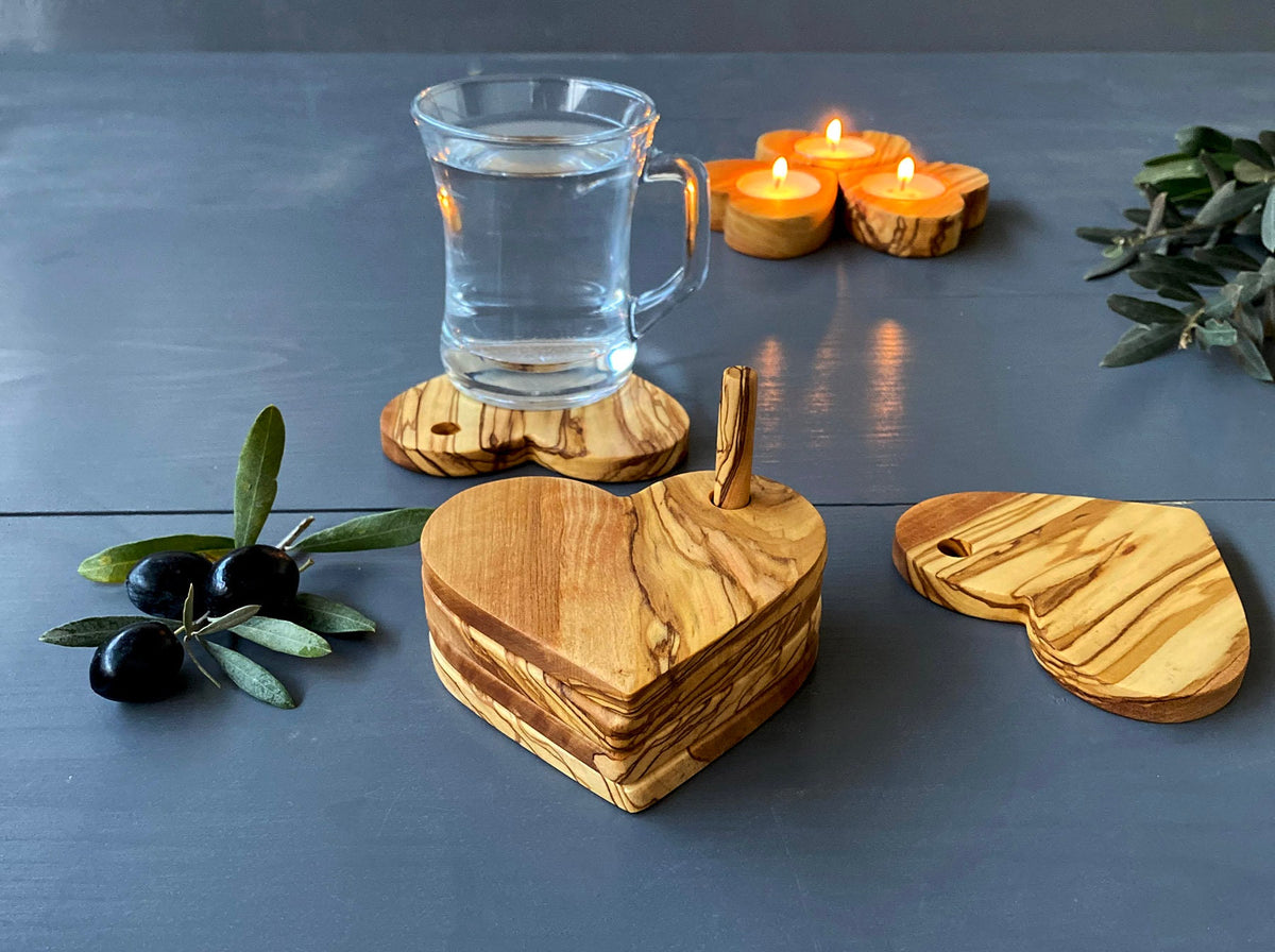 Olive Wood Heart Coaster Set, Rustic Drink Coasters