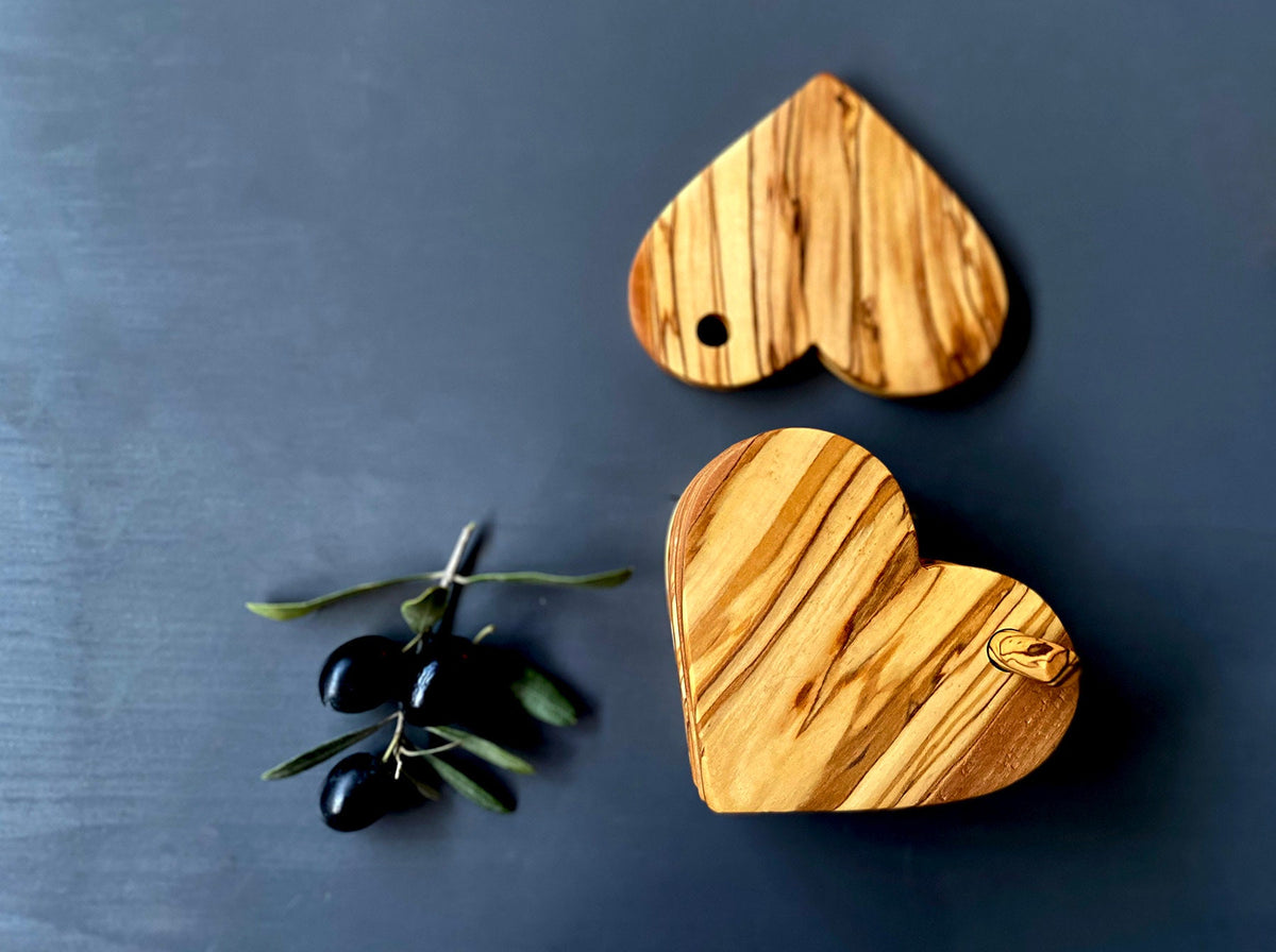 Olive Wood Heart Coaster Set, Rustic Drink Coasters