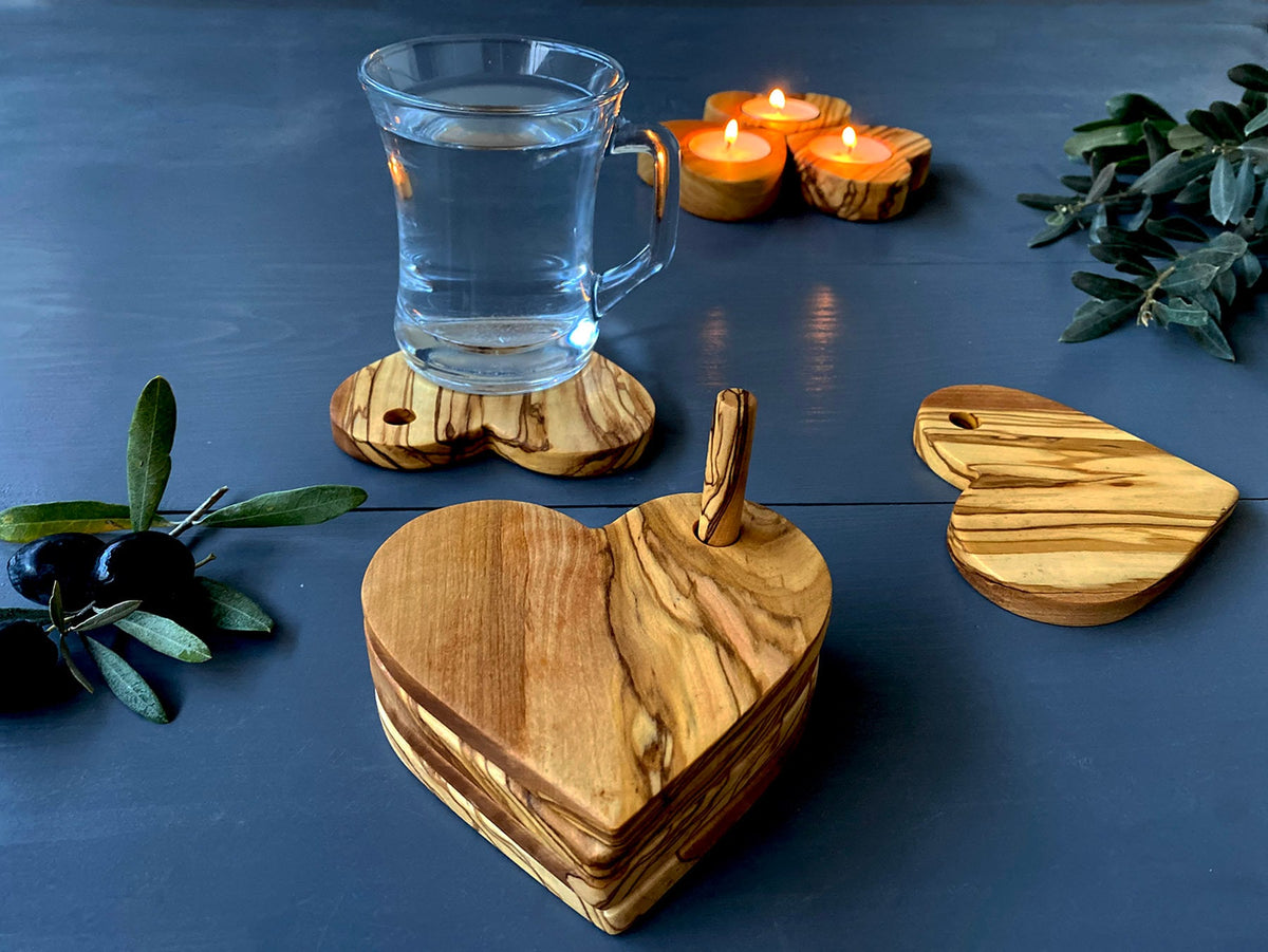 Olive Wood Heart Coaster Set, Rustic Drink Coasters