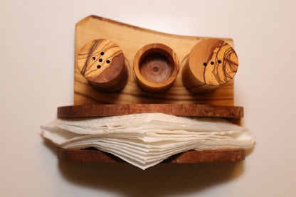 Olive Wood Salt and Pepper Shaker with Napkin Holder | Natural Wooden Table Set