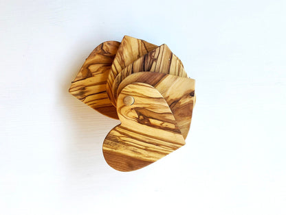Olive Wood Heart Coaster Set, Rustic Drink Coasters