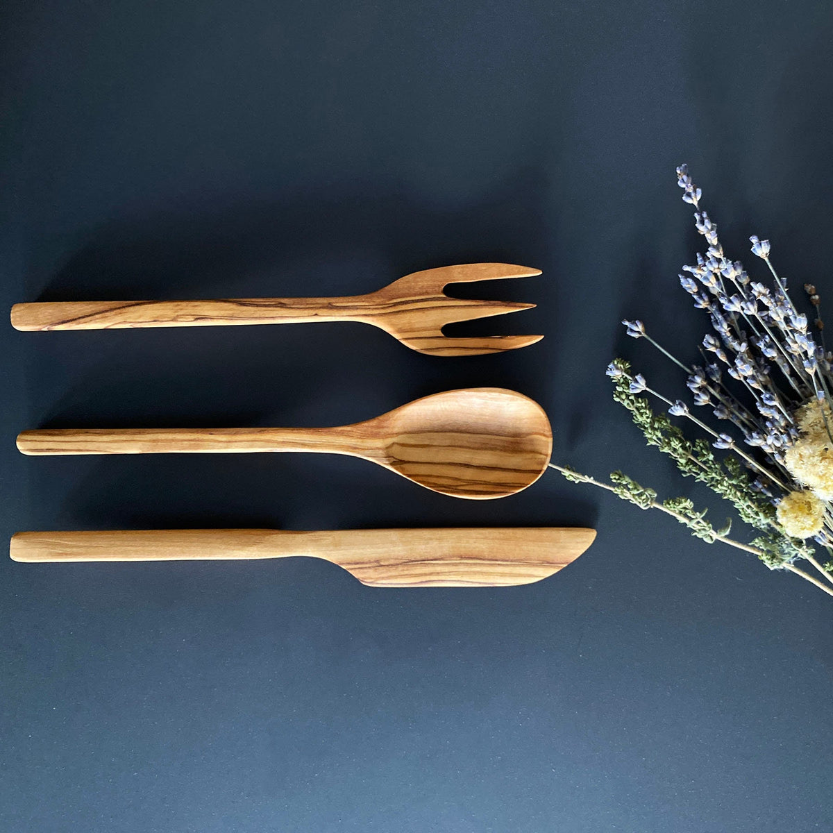 Handmade Olive Wood Cutlery Set – Antibacterial Wooden Spoon, Fork & Knife