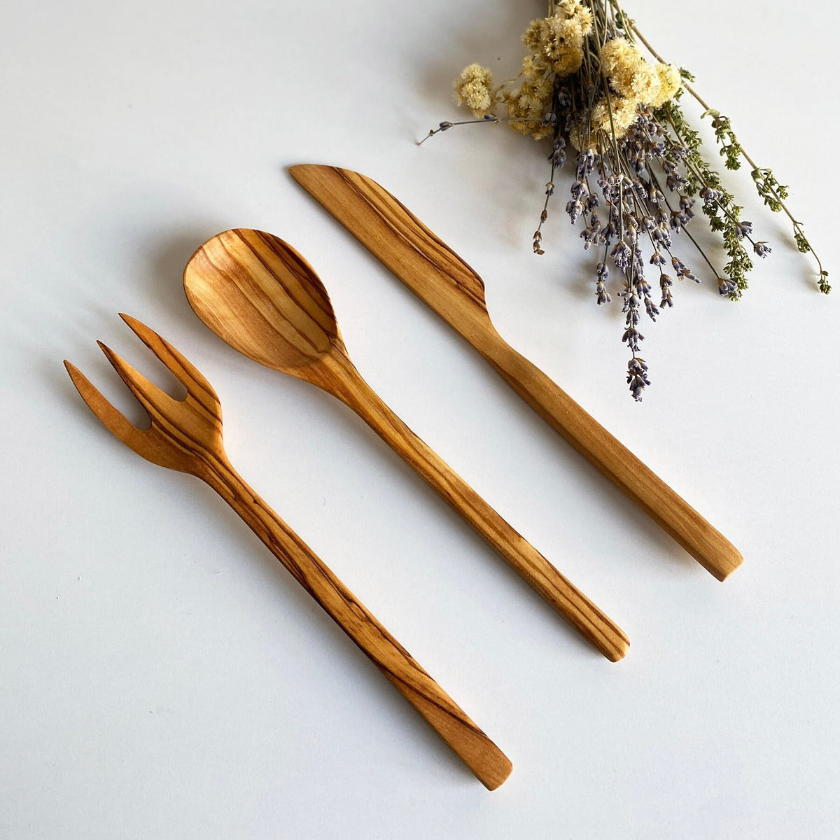 Handmade Olive Wood Cutlery Set – Antibacterial Wooden Spoon, Fork & Knife