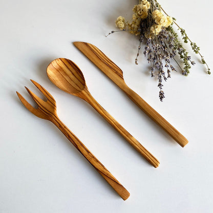 Handmade Olive Wood Cutlery Set – Antibacterial Wooden Spoon, Fork & Knife