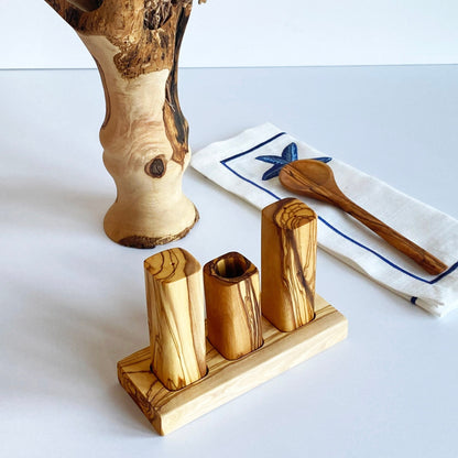 Handmade Olive Wood Salt & Pepper Shaker Set with Toothpick Holder