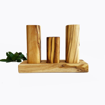 Handmade Olive Wood Salt & Pepper Shaker Set with Toothpick Holder