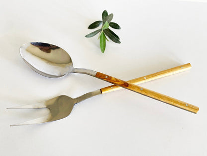 Olive Wood Cutlery Set, Wooden Stainless Steel Cutlery, Serving Fork, Serving Spoon