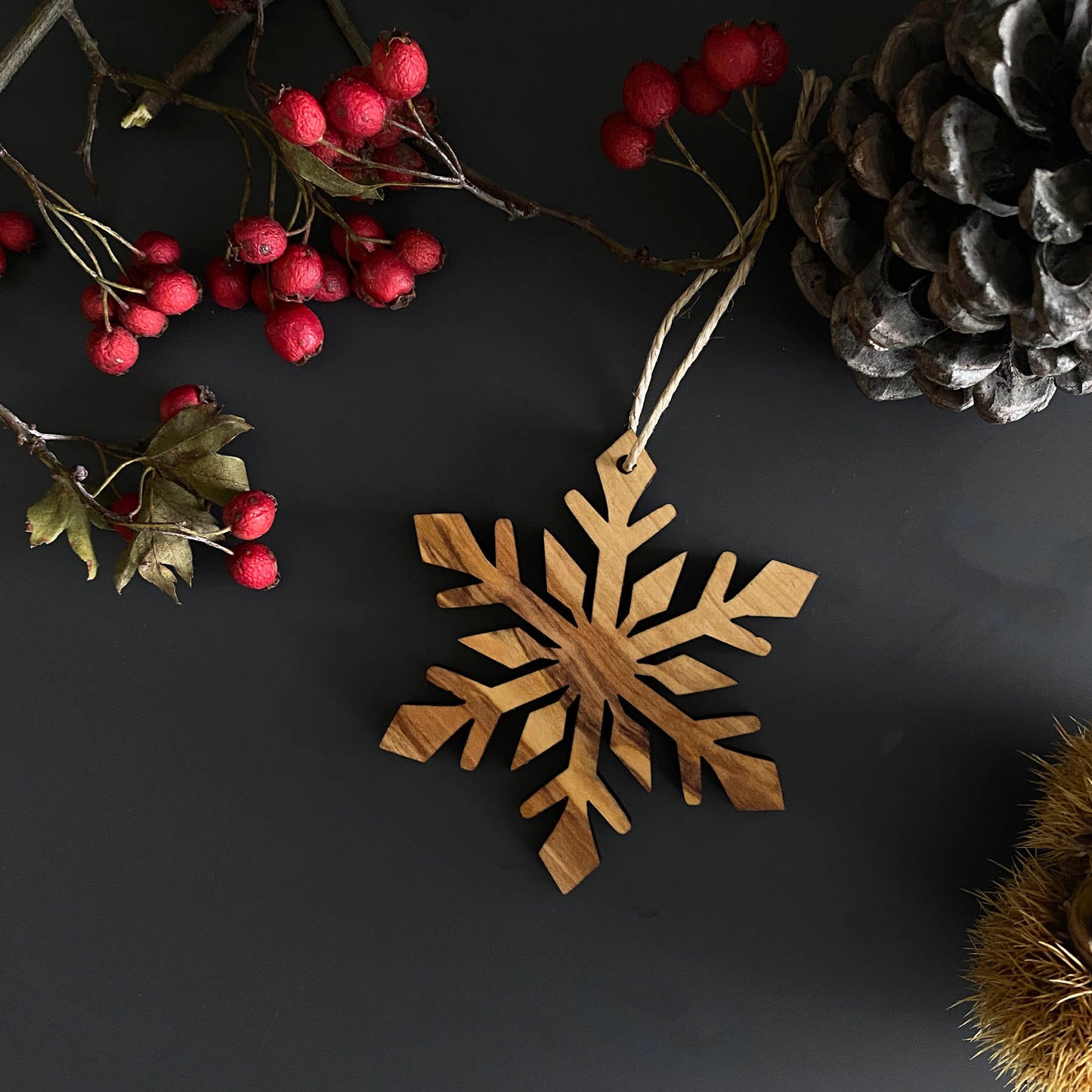 Olive Wood Snowflake Christmas Ornaments, Wooden Christmas Ornaments