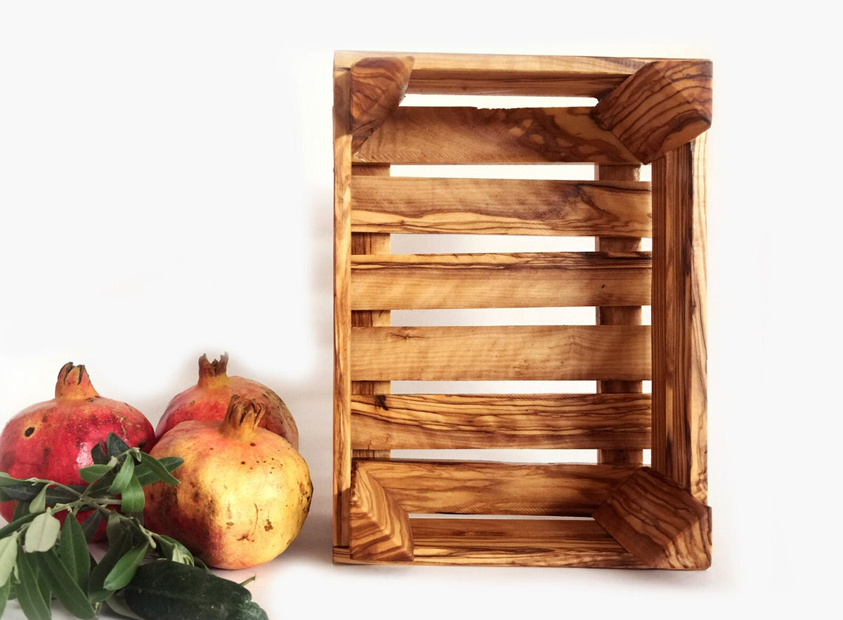 Handmade Olive Wood Veggie Basket, Authentic Wooden Crate