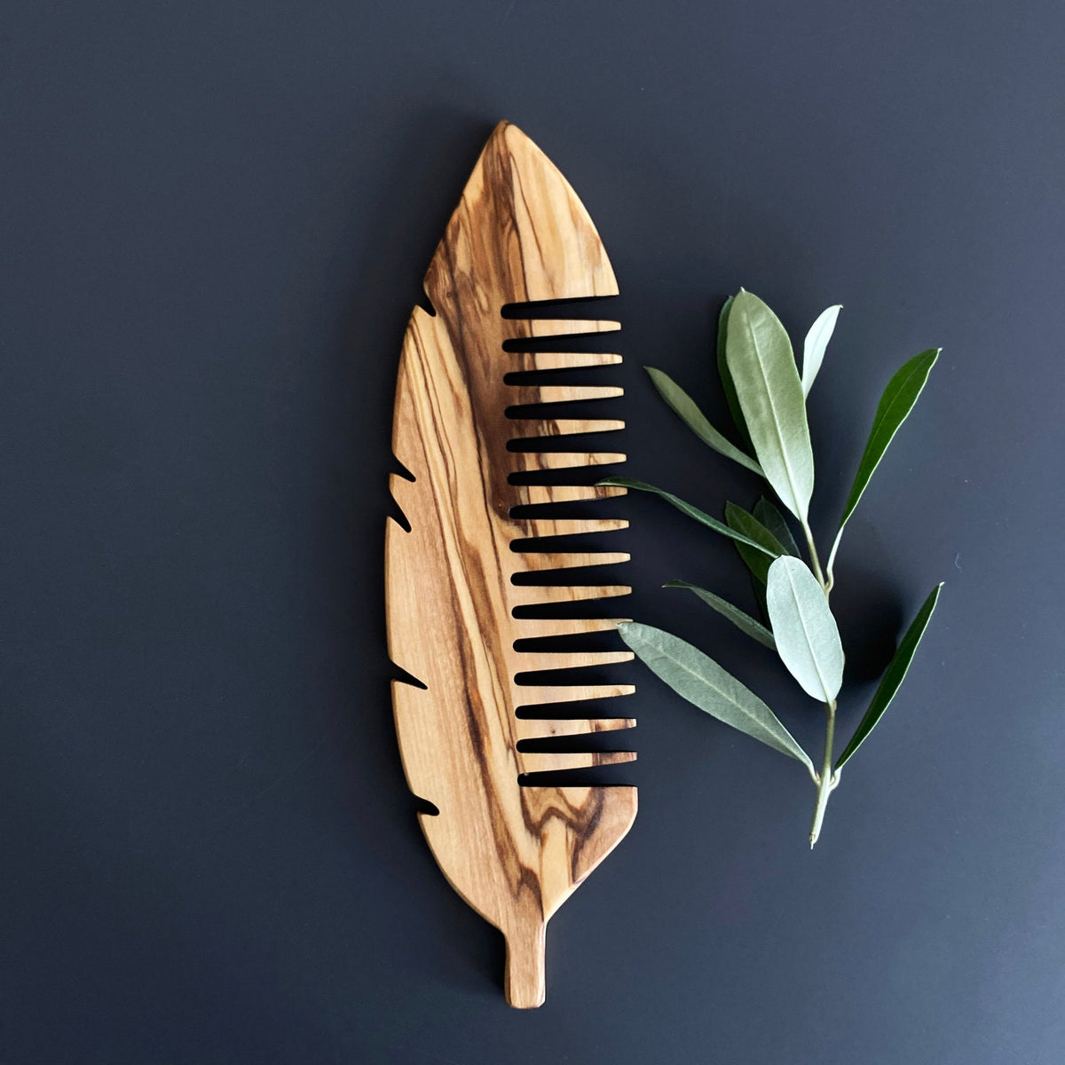 Personalized Olive Wood Hair Comb, Handmade Leaf Design