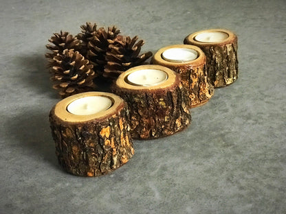 Rustic Olive Wood Tea Light Candleholder, Live Edge Wood / Set of 4