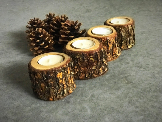 Rustic Olive Wood Tea Light Candleholder, Live Edge Wood / Set of 4