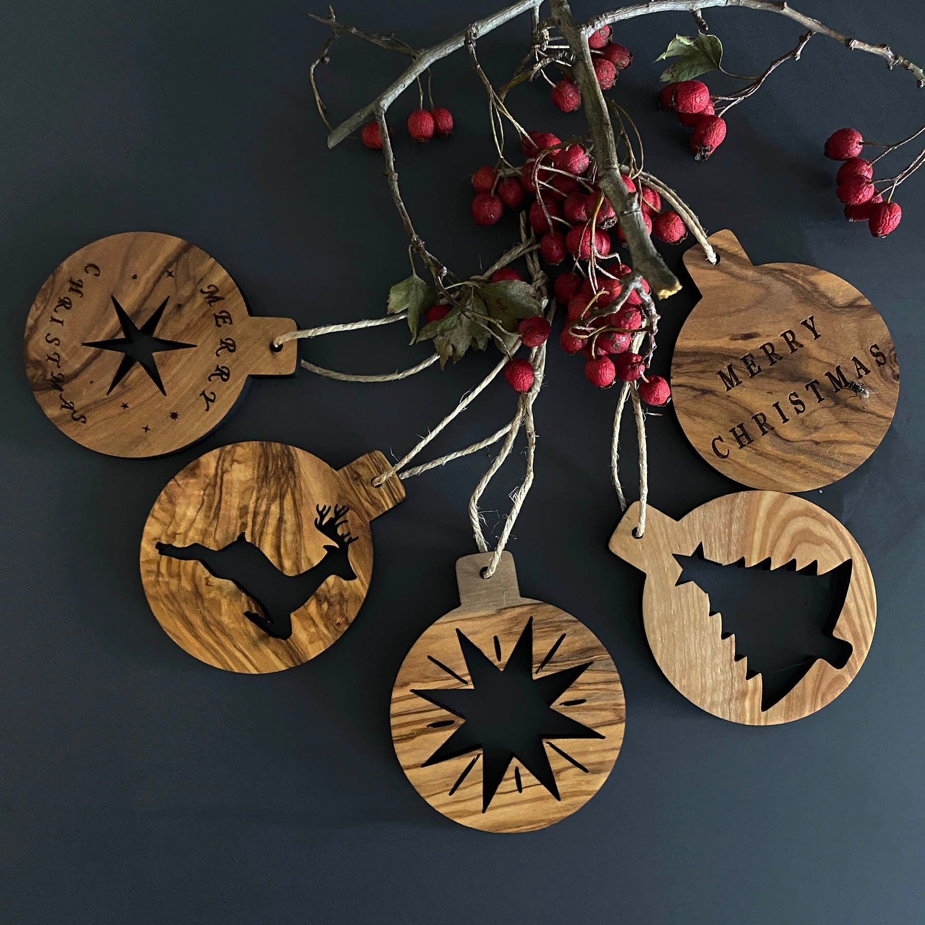 Olive Wood Christmas Ornaments, Wooden Engraved Ornaments Set, Olive Wood Christmas Favors