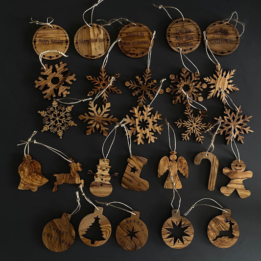 Olive Wood Christmas Ornaments, Wooden Engraved Ornaments Set, Olive Wood Christmas Favors