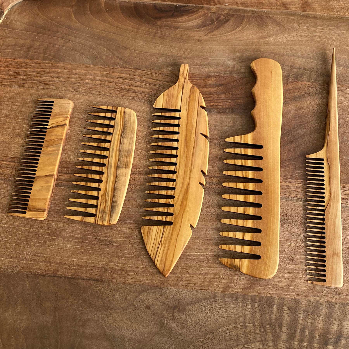 Handmade Olive Wood Comb Set, Wide & Close Tine, Rat Tail Comb
