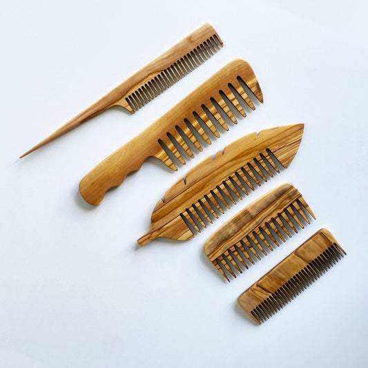 Olive Wood Beauty Comb Set of 5, Wooden Wide Tine Combs, Wooden Close Tine Combs, Authentic