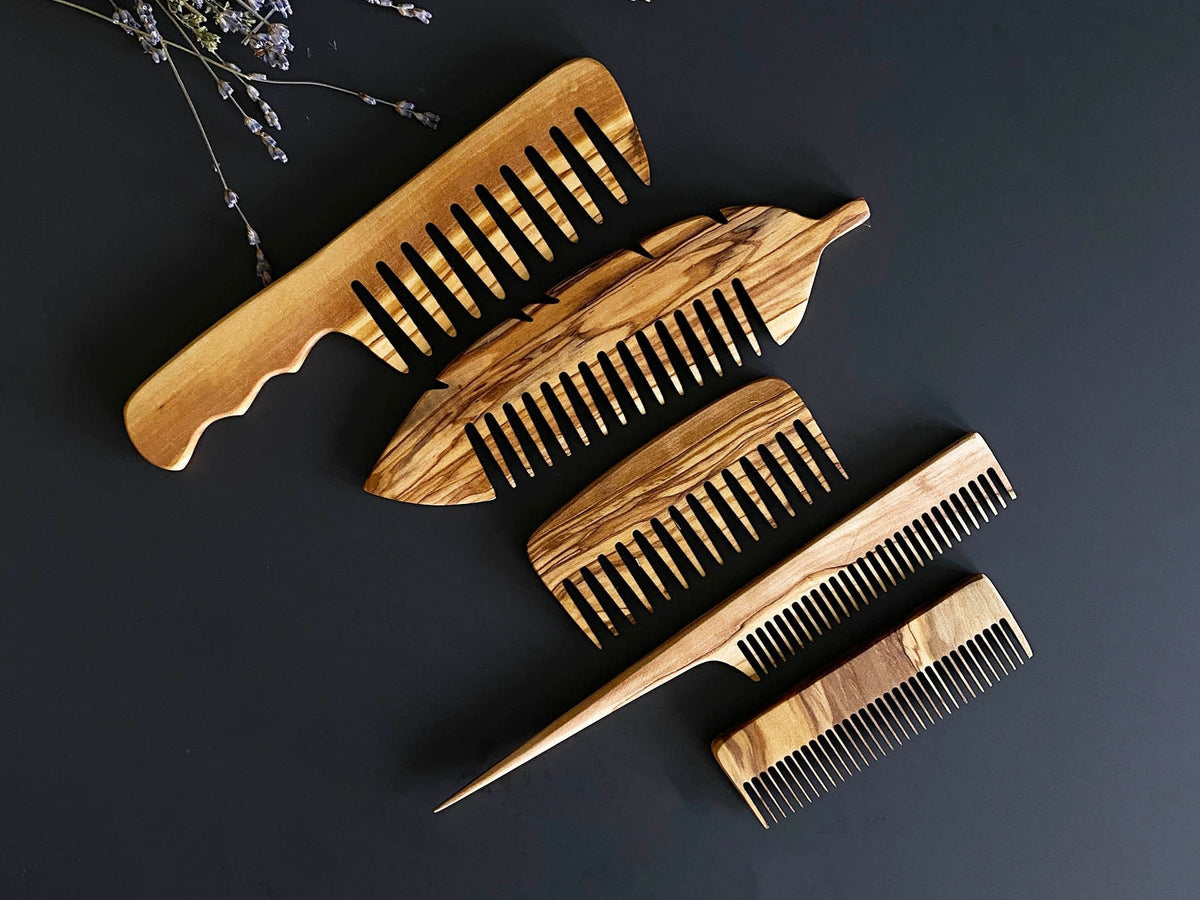 Handmade Olive Wood Comb Set, Wide & Close Tine, Rat Tail Comb