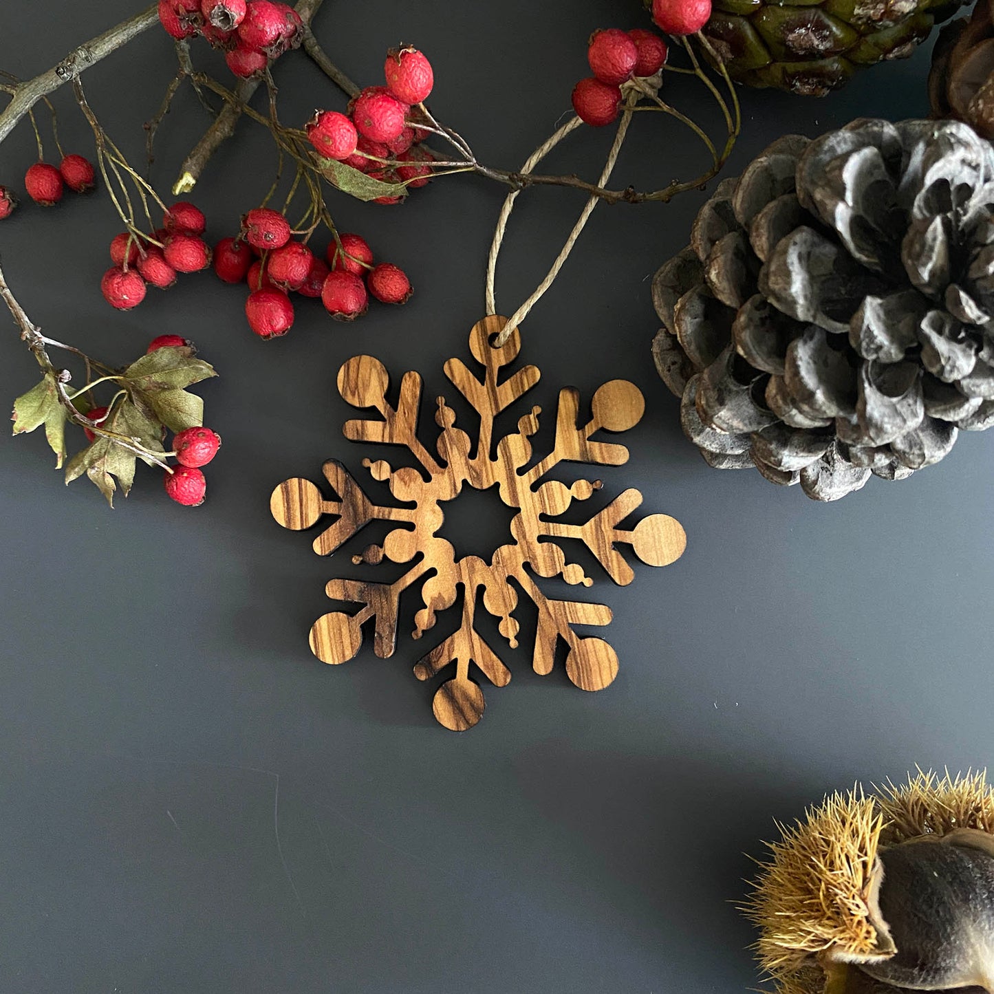 Olive Wood Christmas Ornaments, Wooden Snowflake Ornaments